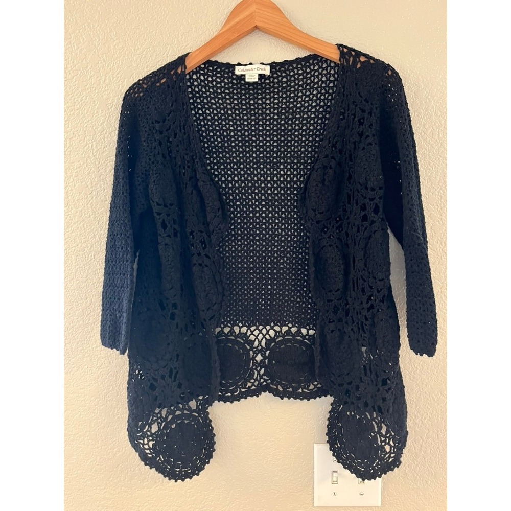 Granny Square Hem Coldwater Creek Black Cotton Crochet Cardigan‎ Boho Floral M